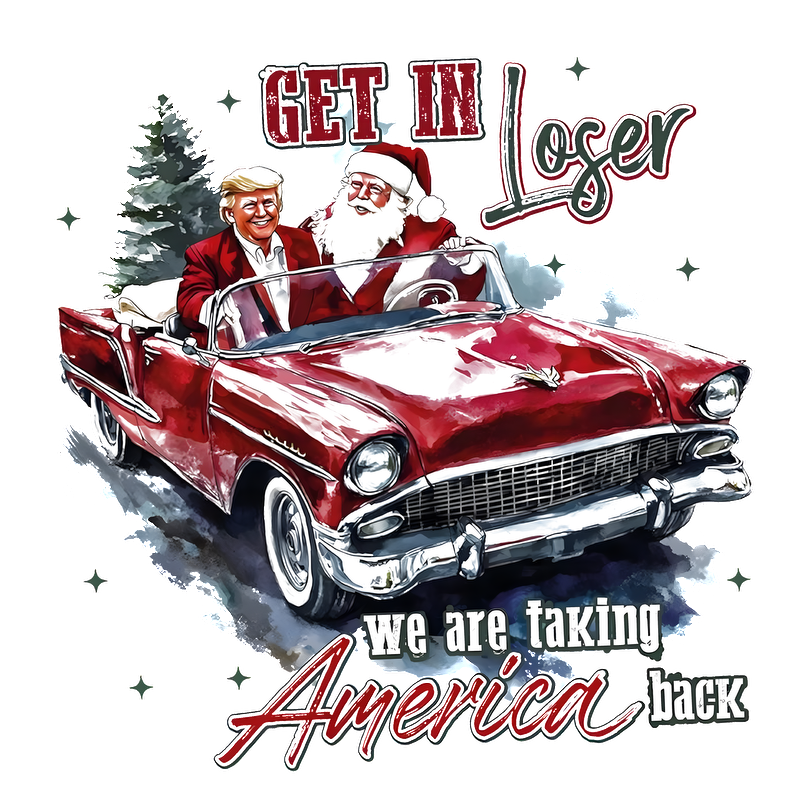 A fun and festive graphic featuring a classic red convertible driven by characters in holiday attire, embodying a whimsical spirit.DTF Transfers dtf prints