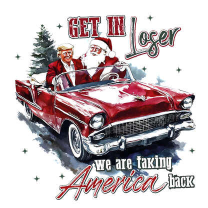 A fun and festive graphic featuring a classic red convertible driven by characters in holiday attire, embodying a whimsical spirit.DTF Transfers dtf prints