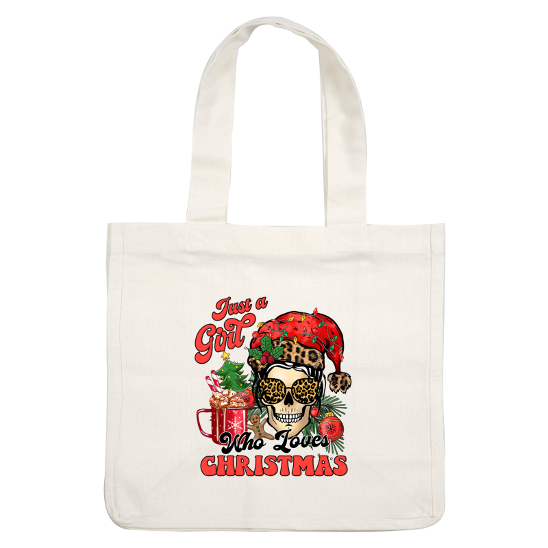 A festive design featuring a stylish skull in a Santa hat, celebrating a girl who loves Christmas with playful elements.dtf regular iron