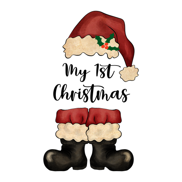 A whimsical illustration of Santa's iconic hat and boots, featuring festive colors and fluffy white trim. heat press transfers