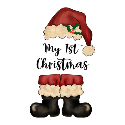 A whimsical illustration of Santa's iconic hat and boots, featuring festive colors and fluffy white trim. heat press transfers