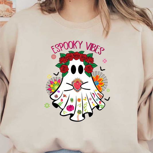 A whimsical ghost graphic adorned with a floral crown and vibrant patterns, perfect for embracing the spooky vibes! heat press transfers