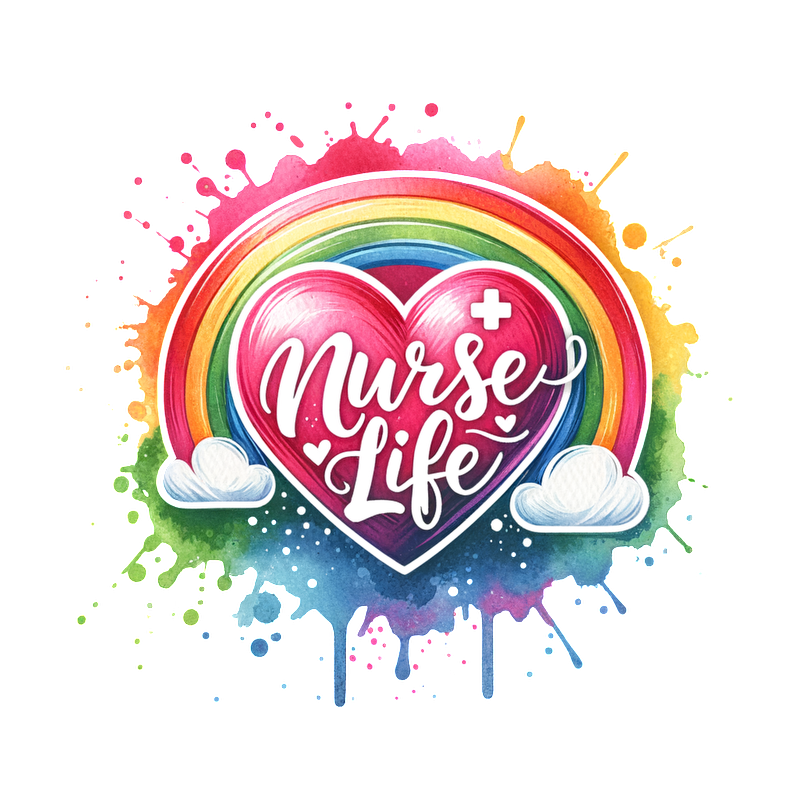 Colorful and vibrant design featuring a heart and the phrase "Nurse Life," framed by a rainbow and cheerful clouds.DTF Transfers