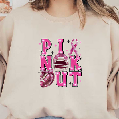 Celebrate with this vibrant "Pink Out" graphic featuring a pink football, helmet, and ribbon, emphasizing support and awareness.DTF Transfersdtf regular iron