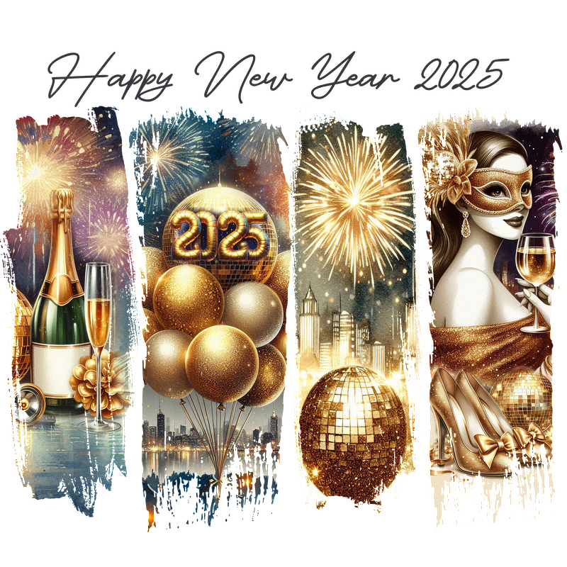 Celebrate with glamour and sparkle in this vibrant New Year 2025 design featuring champagne, festive decor, and dazzling fireworks!DTF Transfers