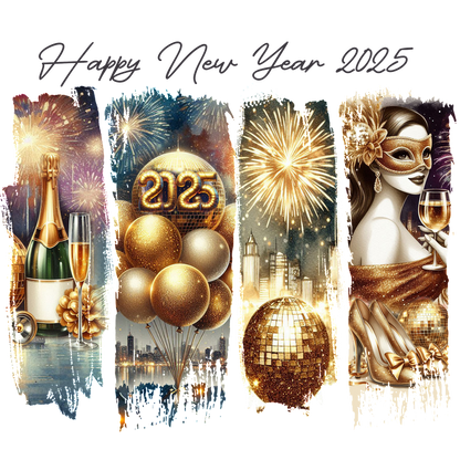 Celebrate with glamour and sparkle in this vibrant New Year 2025 design featuring champagne, festive decor, and dazzling fireworks!DTF Transfers