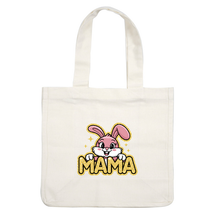 A cheerful pink bunny proudly holds the sparkling word "MAMA," capturing a fun and loving vibe.DTF Transfers
