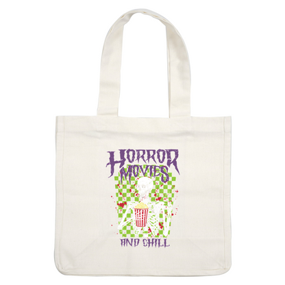 A quirky graphic featuring a skeleton holding popcorn, surrounded by a vibrant green and checkered background, perfect for horror movie lovers.dtf regular iron