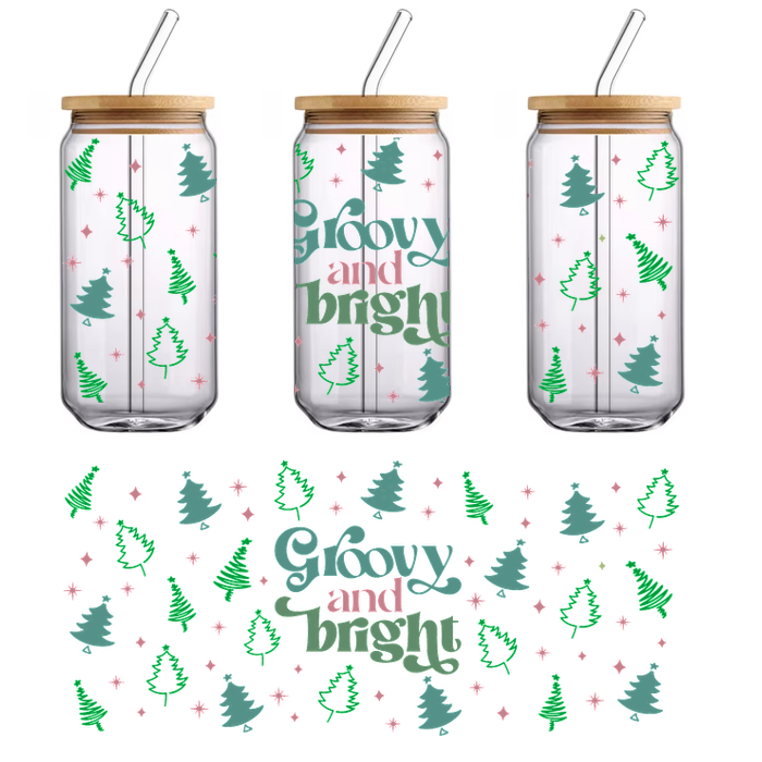 A vibrant design featuring the phrase "Groovy and Bright" surrounded by colorful trees and playful snowflakes, perfect for festive cheer.UV Transfers dtf transfers