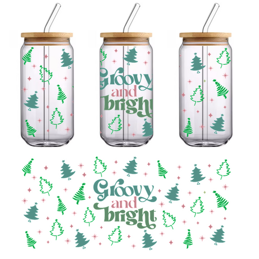 A vibrant design featuring the phrase "Groovy and Bright" surrounded by colorful trees and playful snowflakes, perfect for festive cheer.UV Transfers dtf transfers