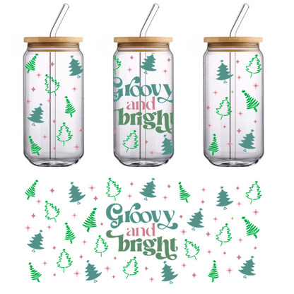 A whimsical design featuring colorful trees and the cheerful phrase "Groovy and bright" in playful typography.UV Transfers heat press transfers