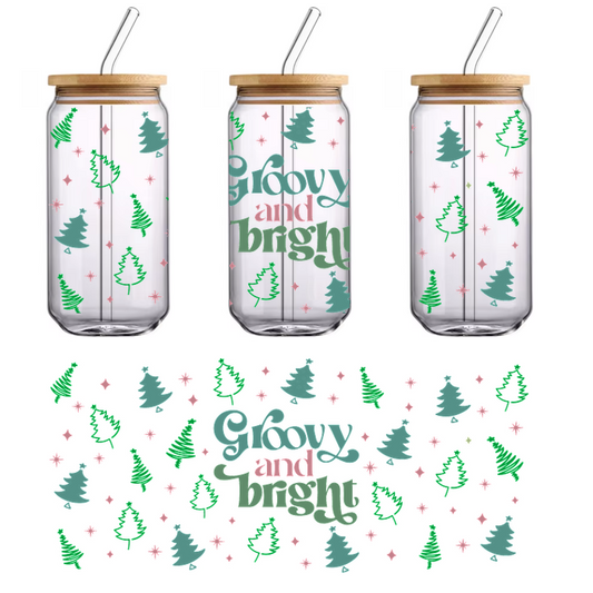 A whimsical design featuring colorful trees and the cheerful phrase "Groovy and bright" in playful typography.UV Transfers heat press transfers