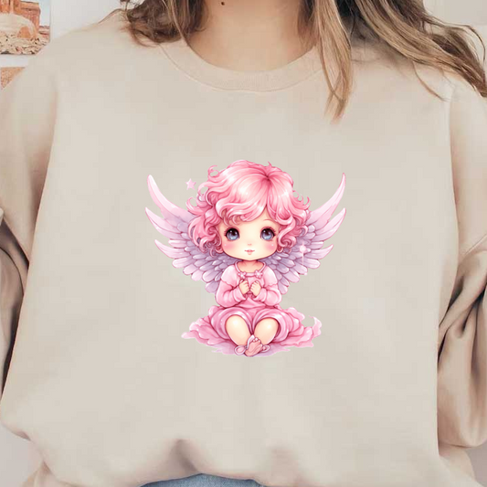 A charming, cute angelic character with pink hair and delicate wings, wearing a soft pink dress, radiates a sweet innocence. heat press transfers dtf prints