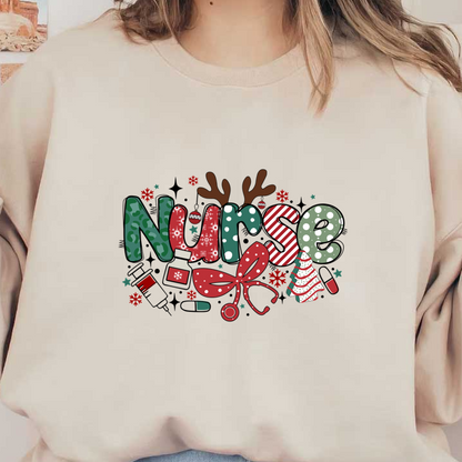 A festive design featuring the word "Nurse" with playful holiday elements like reindeer antlers, Christmas trees, and vibrant colors.DTF Transfers