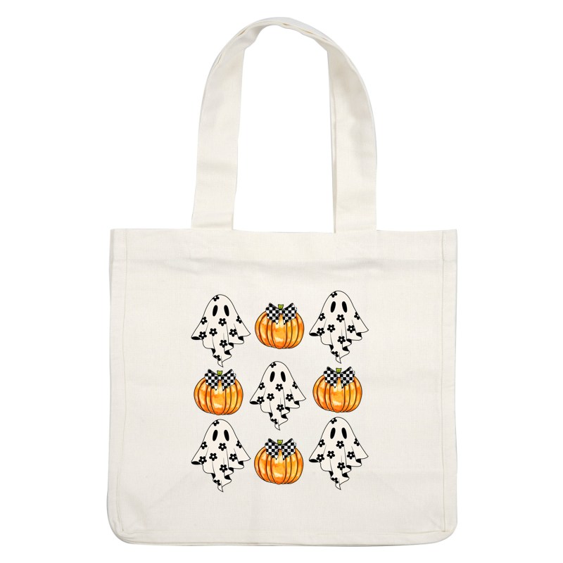 A playful Halloween-themed illustration featuring cheerful ghosts and pumpkins adorned with checkered bows and floral patterns. dtf transfers