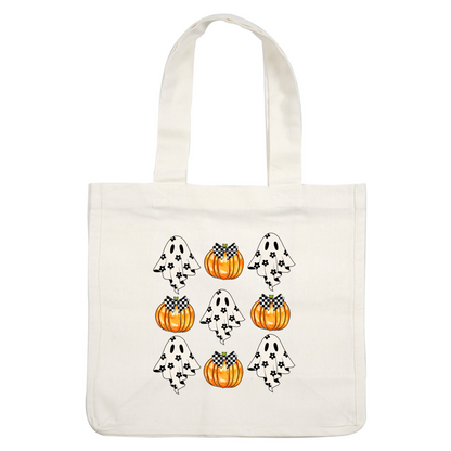 A playful Halloween-themed illustration featuring cheerful ghosts and pumpkins adorned with checkered bows and floral patterns. dtf transfers