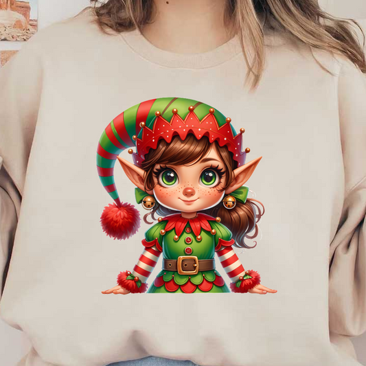 A cute, cartoon-style elf girl with vibrant green and red attire, complete with a playful hat and cheerful expression.DTF Transfersdtf regular iron