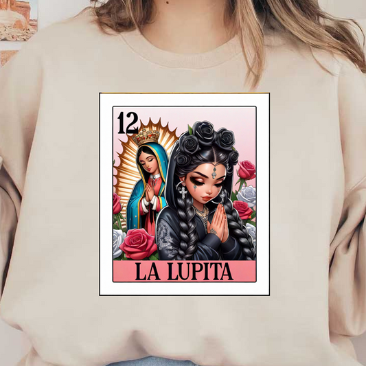 Una ilustración vibrante de "La Lupita", que muestra a una mujer vestida de negro con trenzas y rosas, junto a una figura de devoción.