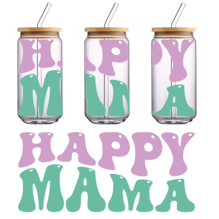 Las letras coloridas y divertidas deletrean "Happy Mama" y presentan formas orgánicas en violeta y verde para una atmósfera alegre. Transferencias UV