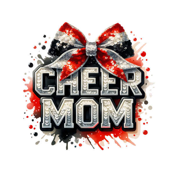 Gráfico festivo y brillante "Cheer Mom" ​​con un lazo brillante y letras llamativas, ¡perfecto para las orgullosas mamás animadoras! Transferencias DTF