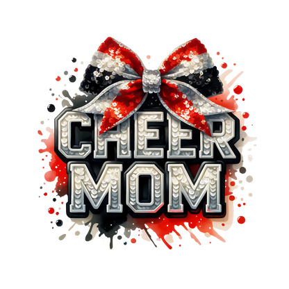 Gráfico festivo y brillante "Cheer Mom" ​​con un lazo brillante y letras llamativas, ¡perfecto para las orgullosas mamás animadoras! Transferencias DTF