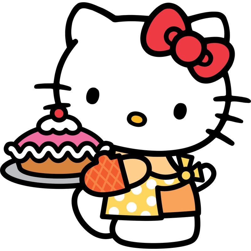 Hello Kitty is adorably showcasing a colorful cake on a platter while wearing a polka dot apron and a big red bow!DTF Transfers