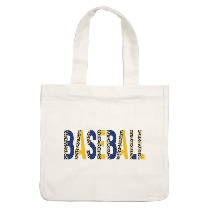 Texto "BASEBALL" colorido que presenta una combinación de patrones de estampados de azul, amarillo y leopardo para una atmósfera divertida y deportiva. Transferencias DTF