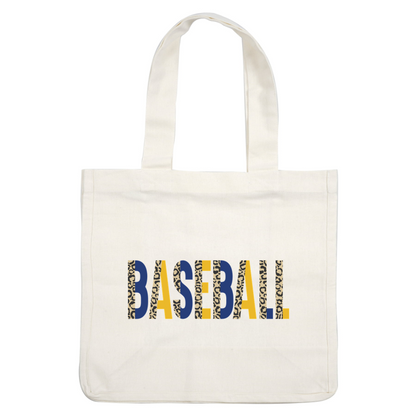 Texto "BASEBALL" colorido que presenta una combinación de patrones de estampados de azul, amarillo y leopardo para una atmósfera divertida y deportiva. Transferencias DTF