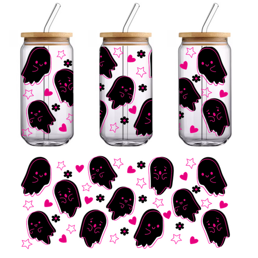 A playful pattern featuring cute, stylized ghosts surrounded by hearts and stars in vibrant pink tones.UV Transfers dtf prints