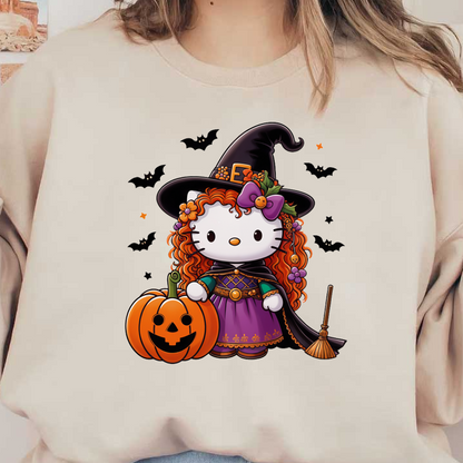 Hello Kitty is dressed as a witch, complete with a black hat, purple gown, and a pumpkin with a spooky face.DTF Transfers heat press transfers