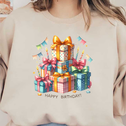 A cheerful stack of colorful birthday presents adorned with bows and candles, celebrating with "Happy Birthday!" at the base.DTF Transfers