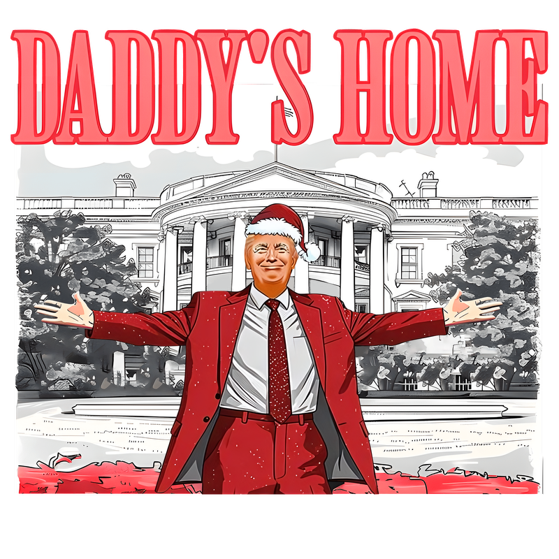 A festive illustration featuring a man in a bright red suit and Santa hat, joyfully posing in front of a grand building.DTF Transfers heat press transfers heat press transfers