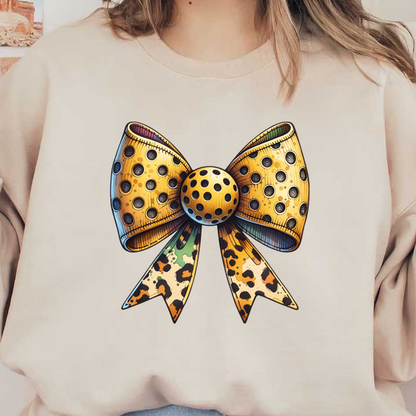 This stylish bow features a gold and leopard print design with playful polka dots, perfect for adding flair to any outfit.