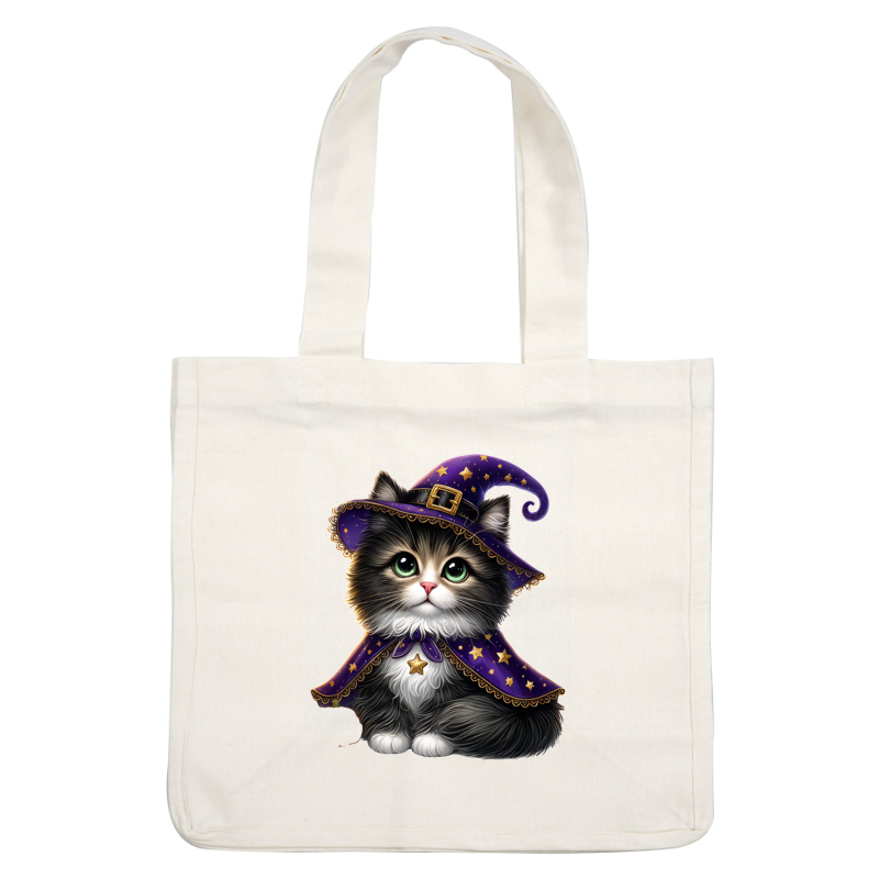 Adorable black and white kitten dressed in a purple witch hat and cape, adorned with stars, perfect for Halloween!dtf regular iron