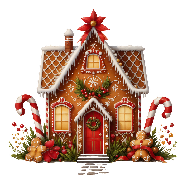 A charming gingerbread house decorated with icing, candy canes, and festive greenery, perfect for holiday celebrations. heat press transfers