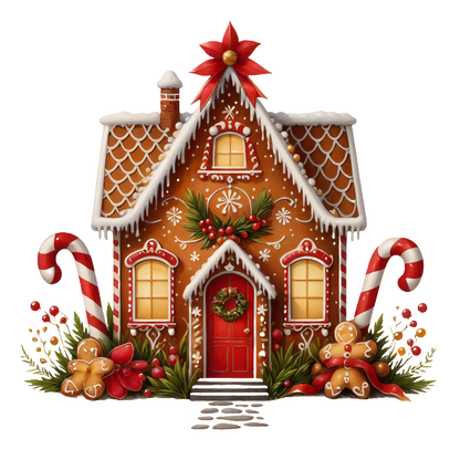 A charming gingerbread house decorated with icing, candy canes, and festive greenery, perfect for holiday celebrations. heat press transfers