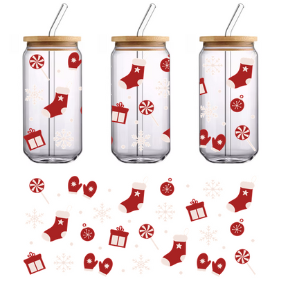 A festive pattern featuring red Christmas stockings, mittens, gifts, candy canes, and snowflakes, perfect for holiday celebrations!UV Transfers