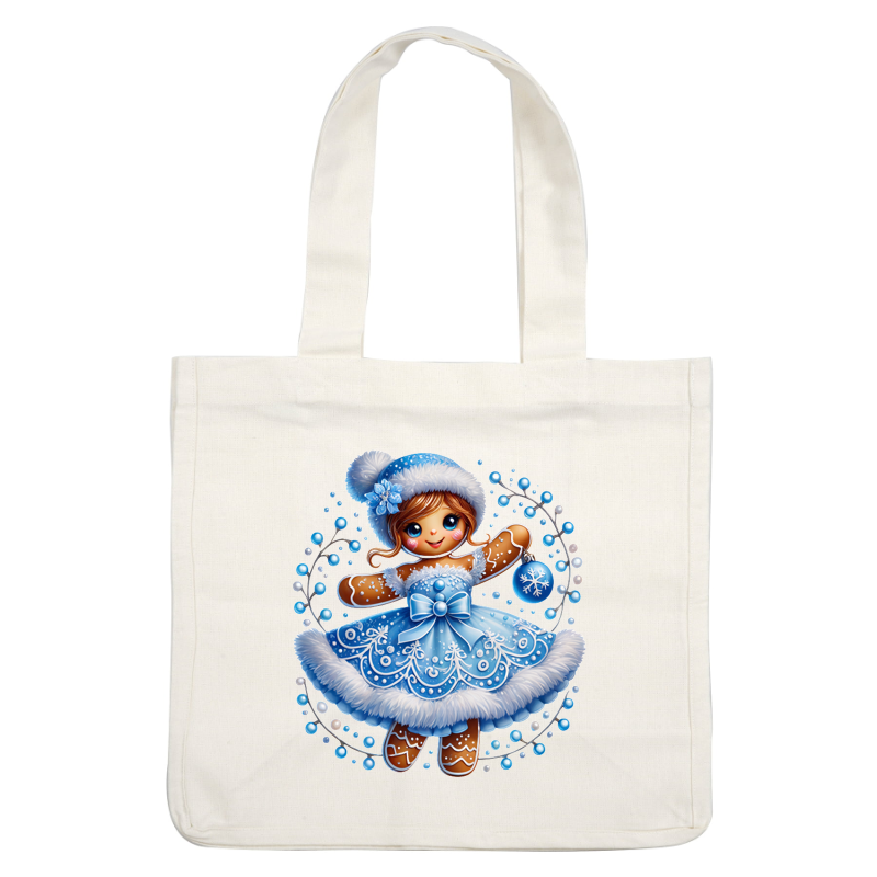 This charming gingerbread girl wears a winter-themed blue dress and hat, adorned with snowflakes and a festive ornament.DTF Transfers