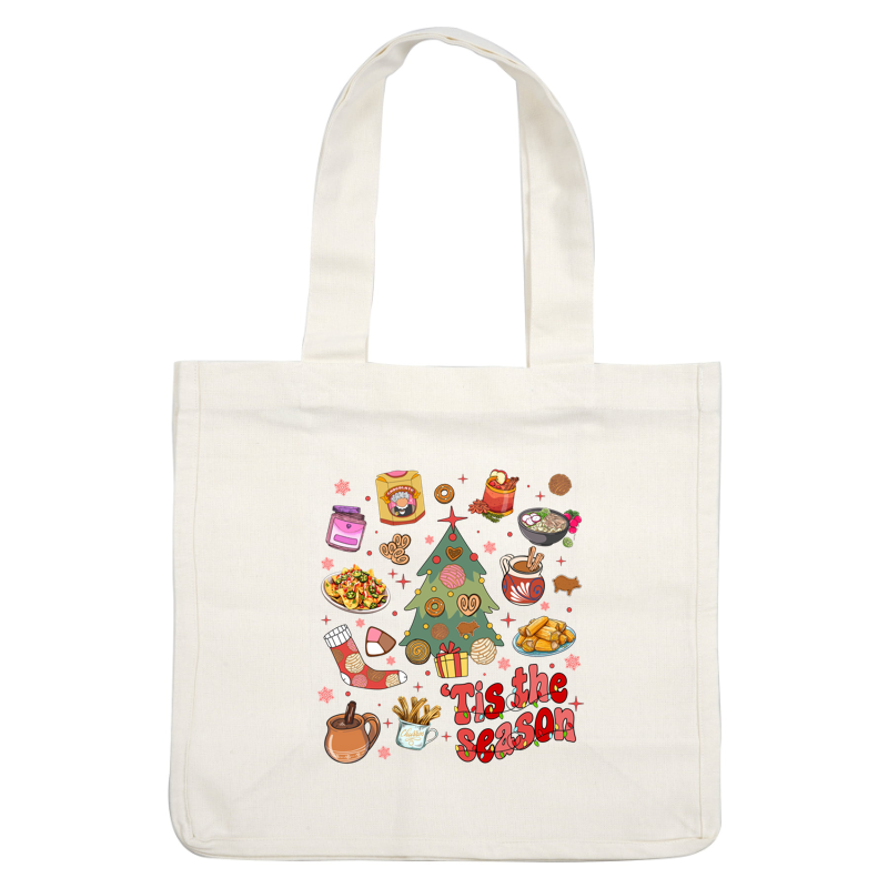 A festive illustration featuring a decorated Christmas tree surrounded by delicious seasonal treats like cookies, nachos, and warm beverages.DTF Transfers heat press transfers heat press transfers