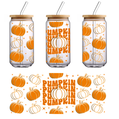 A fun, festive design featuring vibrant orange pumpkins and playful text, perfect for celebrating autumn and Halloween!UV Transfersdtf regular iron