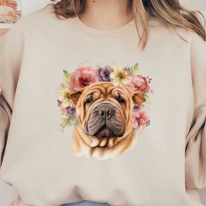 Una encantadora ilustración de un perro shar-pei rodeado de flores vibrantes, que muestra sus arrugas características y su rostro expresivo.