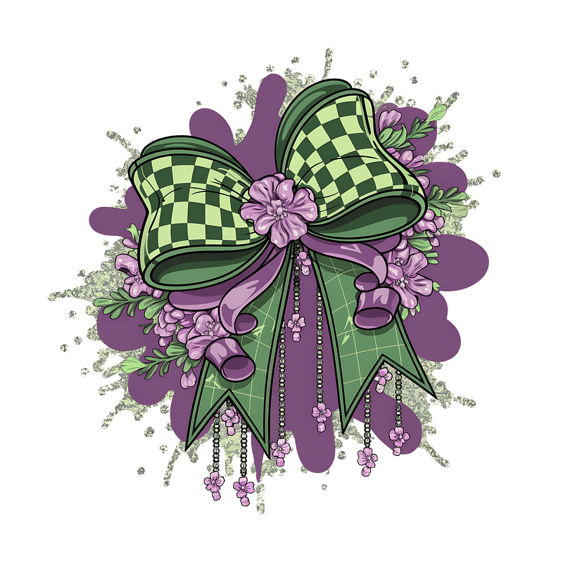 A vibrant illustration featuring a large green and black checkered bow adorned with delicate purple flowers and decorative ribbons.DTF Transfers