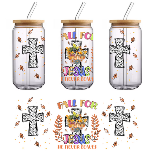 A vibrant fall-themed design featuring crosses, colorful text "Fall for Jesus," and decorative elements celebrating faith and autumn.UV Transfers dtf prints