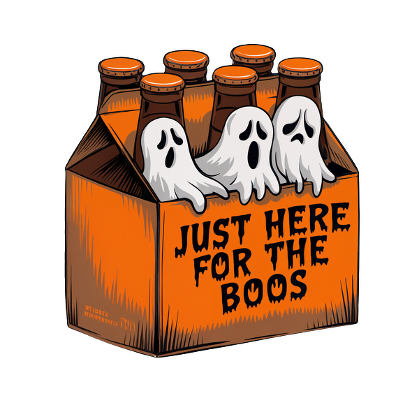 Un divertido paquete de seis con temática de Halloween que presenta personajes fantasmales y la frase "Just Here For The Boos".