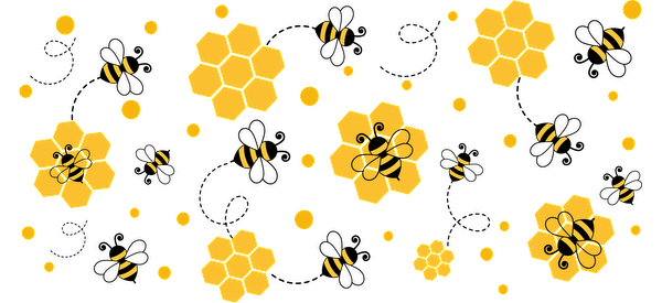 A vibrant pattern featuring yellow honeycombs, bees, and circles, creating a cheerful, nature-inspired design on a black background.UV Transfersdtf regular iron