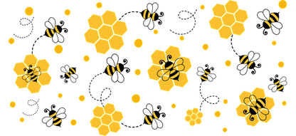 A vibrant pattern featuring yellow honeycombs, bees, and circles, creating a cheerful, nature-inspired design on a black background.UV Transfersdtf regular iron