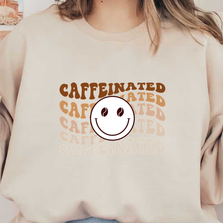 Un diseño divertido y alegre que presenta la palabra "Caffeinated" con una cara de grano de café sonriente, ¡perfecto para los amantes del café!