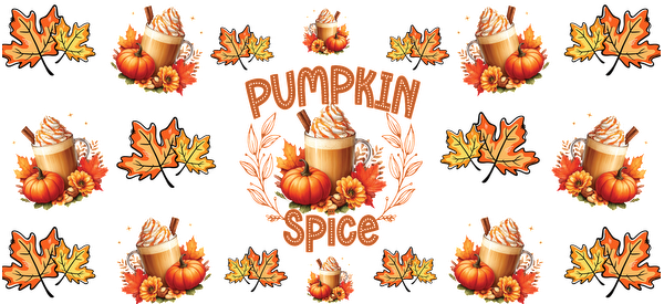 A vibrant autumn-themed design featuring pumpkin spice drinks, colorful leaves, and pumpkins, perfect for celebrating the fall season.UV Transfers dtf transfers