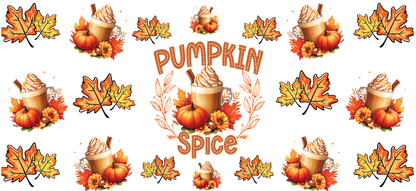 A vibrant autumn-themed design featuring pumpkin spice drinks, colorful leaves, and pumpkins, perfect for celebrating the fall season.UV Transfers dtf transfers