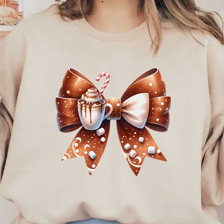 A whimsical chocolate ribbon bow featuring a cup of hot cocoa topped with whipped cream and a candy cane. dtf prints